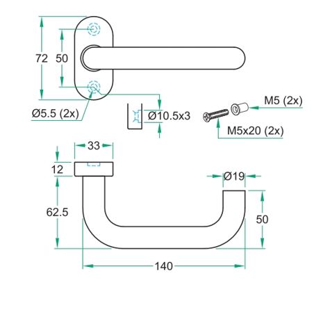 Gatdeel op ovaal rozet deurkruk Chase RVS mat