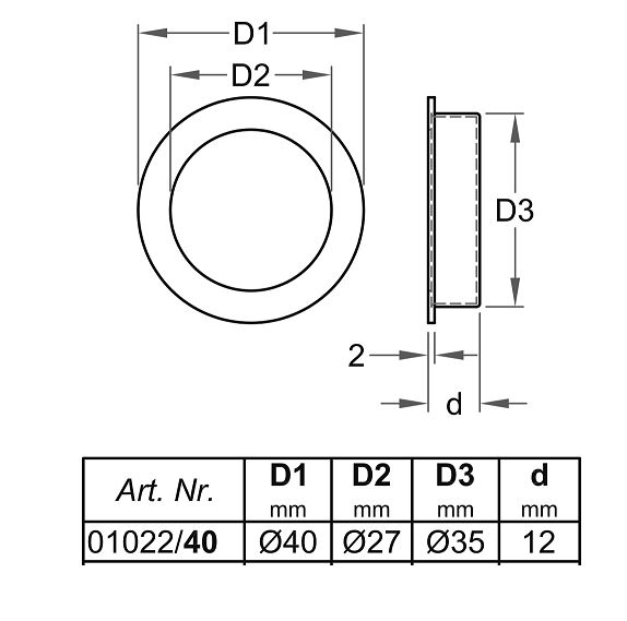 Schuifdeurkom rond ø40mm zwart