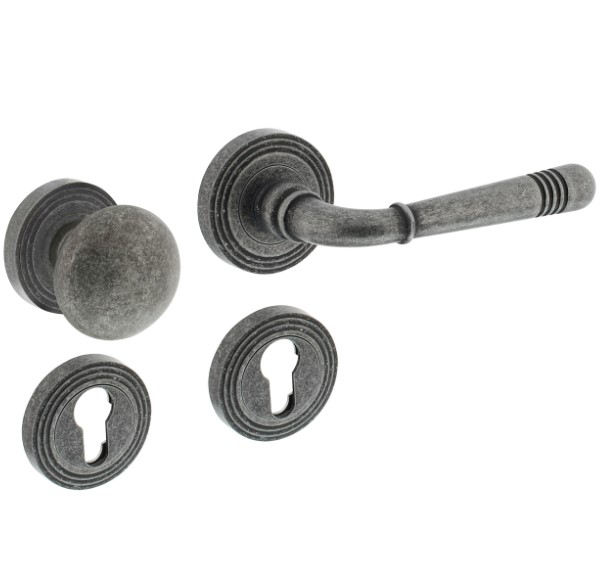 Intersteel wisselgarnituur rechts Helena op rond rozet met ril + pc-plaatjes oud grijs