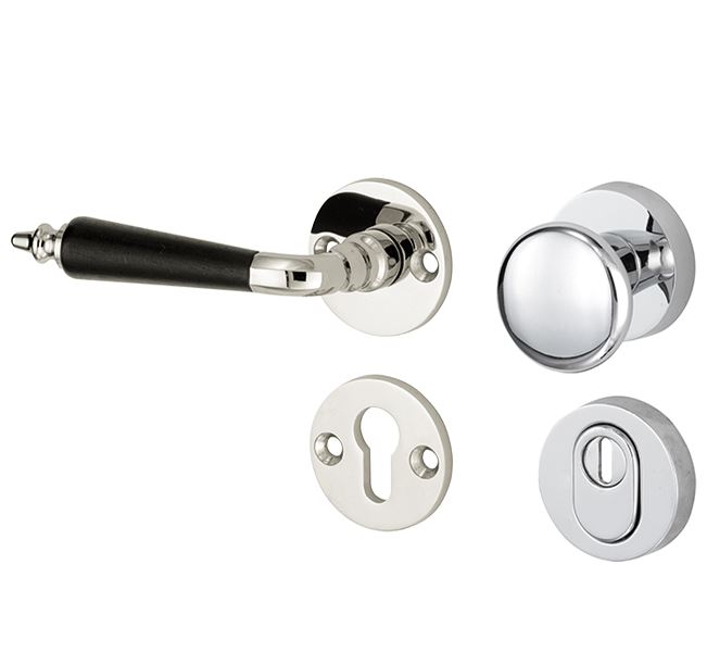 SKG3 knop/kruk op rozet Antique ebben Links + kerntrekbeveiliging glans nikkel/glans chroom