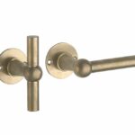 Deurkruk op ongeveerd rozet Chemin de Fer L/T 100mm messing antiek