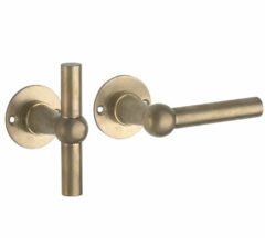 Deurkruk op ongeveerd rozet Chemin de Fer L/T 100mm messing antiek