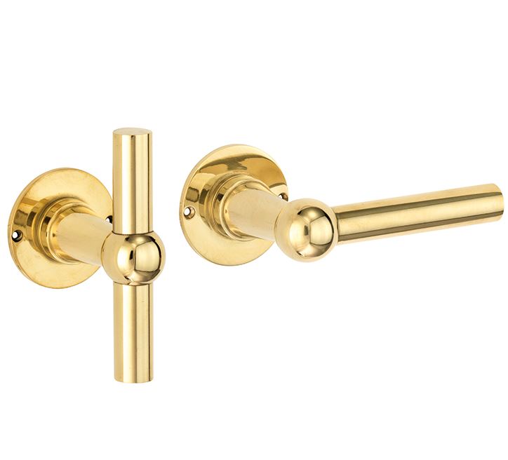 Deurkruk op ongeveerd rozet Chemin de Fer L/T 100mm messing ongelakt