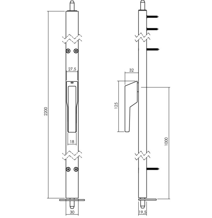 Deurespagnolet niet afsluitbaar 220cm linksdraaiend wit