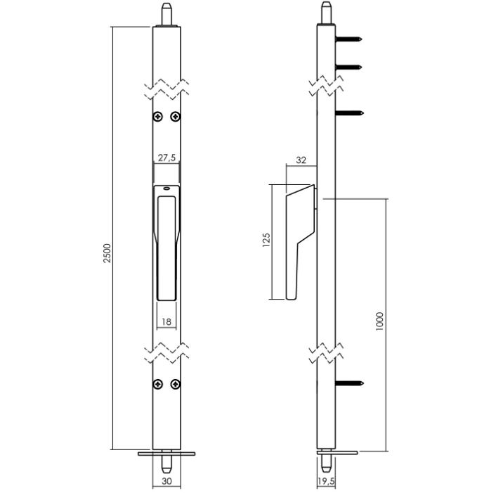 Deurespagnolet niet afsluitbaar 250cm linksdraaiend wit