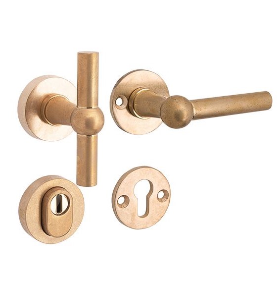 SKG3 knop/kruk op rozet Chemin de Fer Rechts + kerntrekbeveiliging messing antiek