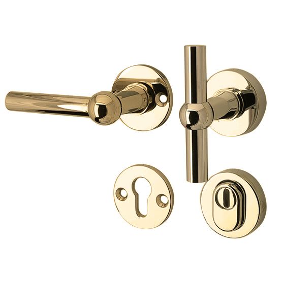 SKG3 knop/kruk op rozet Chemin de Fer Links + kerntrekbeveiliging messing ongelakt