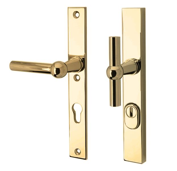 SKG3 PC72 knop/kruk op smalschild Chemin de fer Links + kerntrekbeveiliging messing ongelakt