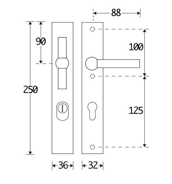 SKG3 PC72 knop/kruk op smalschild Chemin de fer Links + kerntrekbeveiliging messing ongelakt