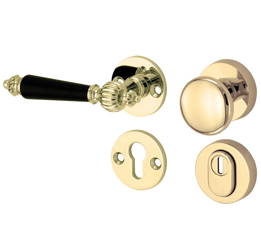 SKG3 knop/kruk op rozet Nouveau Links + kerntrekbeveiliging messing gelakt/messing PVD