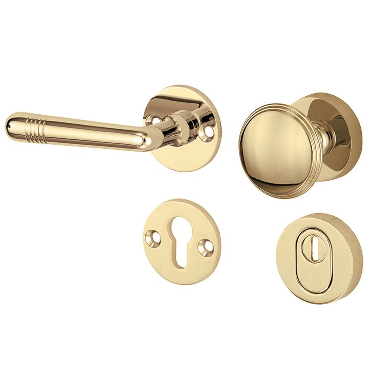 SKG3 knop/kruk op rozet Art-Deco Links + kerntrekbeveiliging messing gelakt/messing PVD