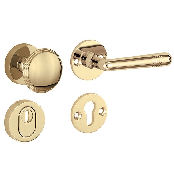 SKG3 knop/kruk op rozet Art-Deco Rechts + kerntrekbeveiliging messing gelakt/messing PVD