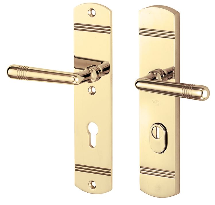 SKG3 PC92 kruk/kruk op schild Art-Deco Links + kerntrekbeveiliging messing gelakt/messing PVD