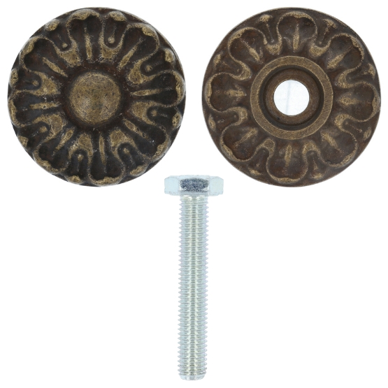 Deurknop bloem messing antiek 71mm