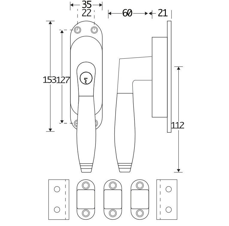 Kruk-espagnolet Afsluitbaar Bonton ebben Rechts Glans Nikkel Inclusief 2 Stangen