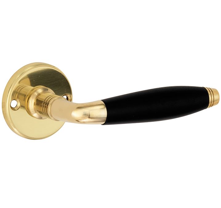 Deurkruk op ongeveerd rozet Bonton ebben/facet messing ongelakt