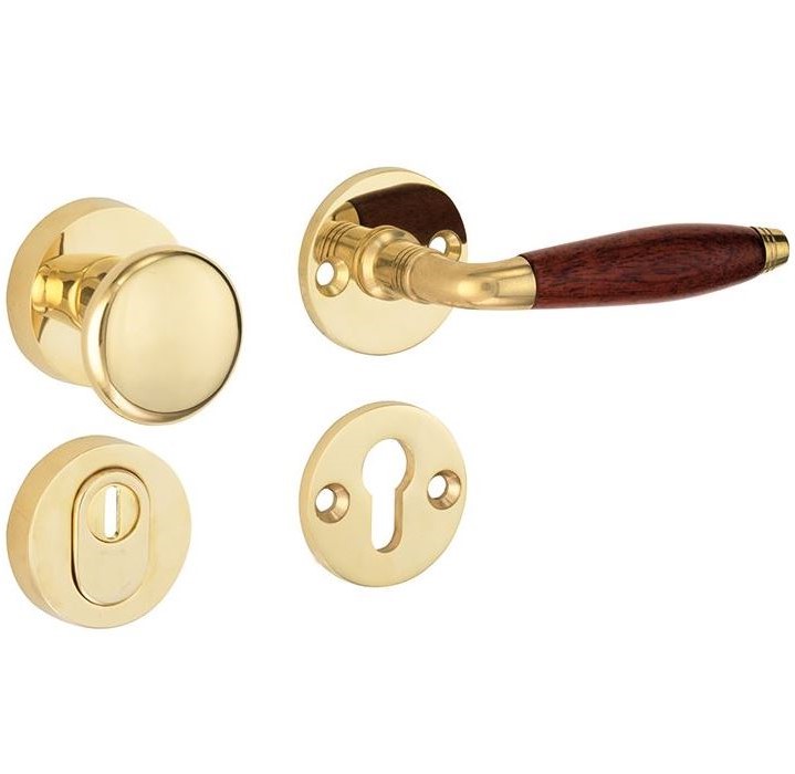 SKG3 knop/kruk op rozet Bonton bubinga Rechts + kerntrekbeveiliging messing ongelakt