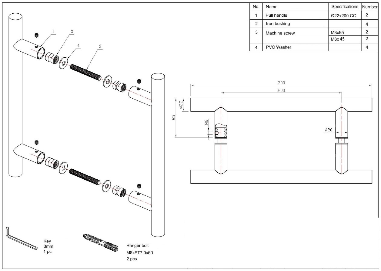 Deurgreep Rond HoH 200mm RVS/Zwart