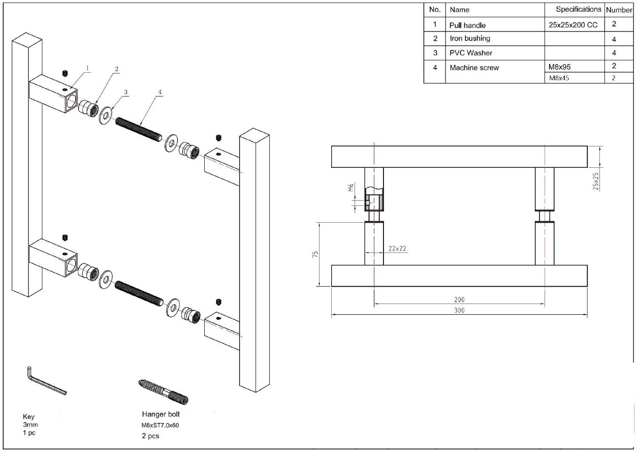 Deurgreep Vierkant HoH 200mm RVS/Zwart