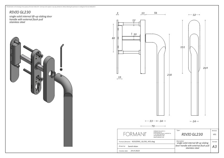 Hef/schuifdeurbeslag RIVIO by Gensler GL230PA PC69 pvd mat goud