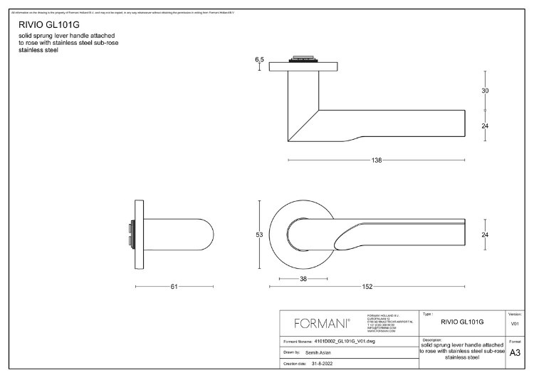 Enkele deurkruk RIVIO by Gensler GL101-G op rozet links pvd mat goud