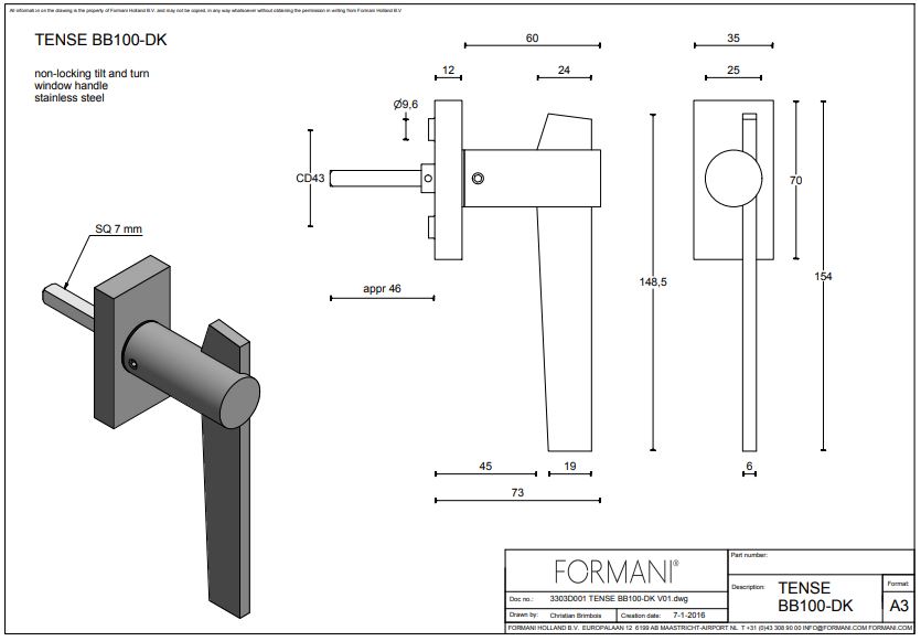 Draaikiepgarnituur TENSE BB100-DK rechts mat rvs