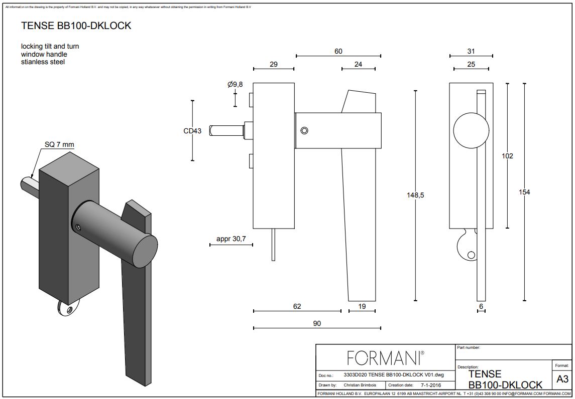 Draaikiepgarnituur TENSE BB100-DKLOCK links mat zwart