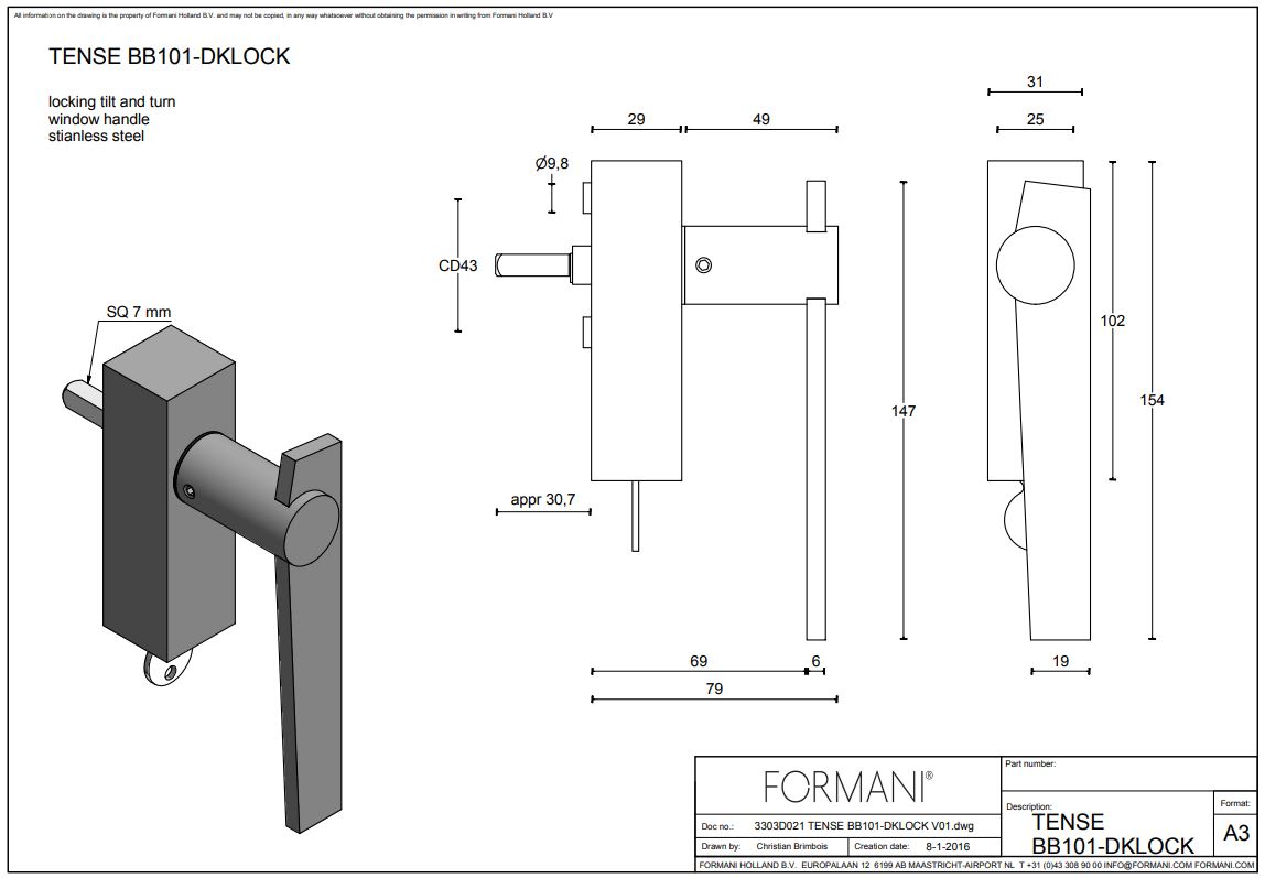 Draaikiepgarnituur TENSE BB101-DKLOCK links mat rvs