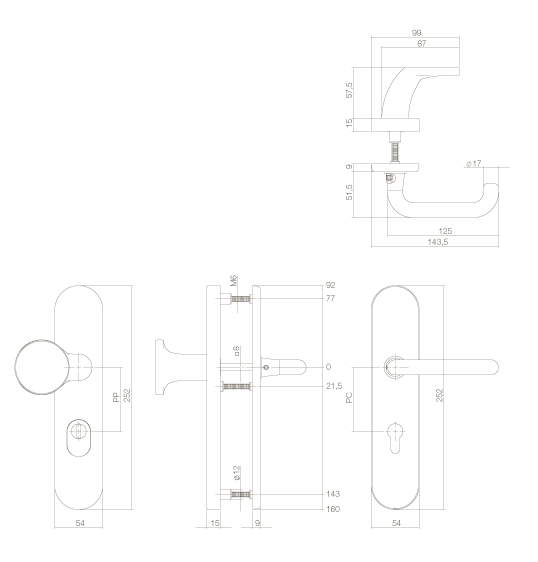 Intersteel SKG3 met kerntrekbeveiliging greepkruk PC92 messing gelakt