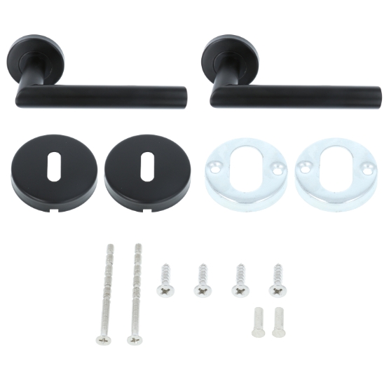 ODShop deurkruk Modern haaks op rond rozet zwart + sleutelplaatjes