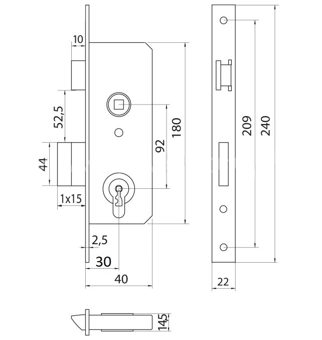 Smaldeurslot voor stift 8x8 mm PC92, 30 mm rechthoekige gegalvaniseerde voorplaat