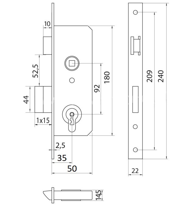 Smaldeurslot voor stift 8x8 mm PC92, 35 mm rechthoekige gegalvaniseerde voorplaat
