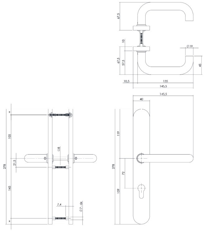 Intersteel Deurkruk rond Ø19mm op XL schild 278x40mm verdekt PC72 rvs