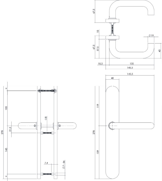 Intersteel Deurkruk rond Ø19mm op XL schild 278x40mm verdekt blind rvs