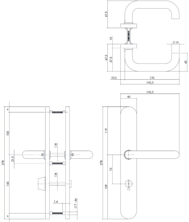 Intersteel Deurkruk rond Ø19mm op XL schild 278x40mm verdekt WC728 rvs