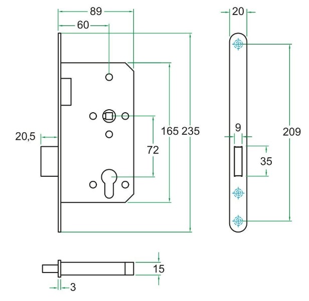 Kastslot KL3 brandwerend PC72 zwarte voorplaat