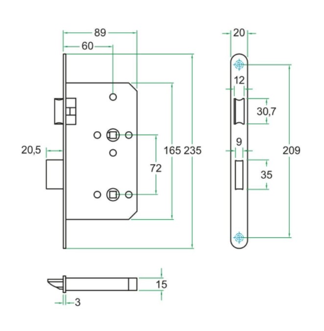 Badkamer/toilet slot KL3 brandwerend WC72/8 rvs voorplaat