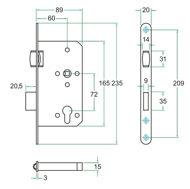 Tonrolslot KL3 brandwerend PC72 rvs voorplaat