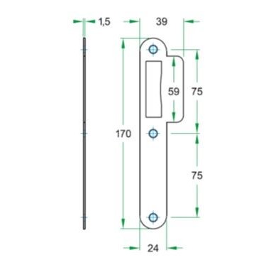 Sluitplaat korte lip 39 mm loopslot rvs
