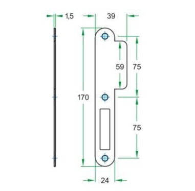 Sluitplaat korte lip 39 mm kastslot rvs