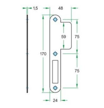Sluitplaat lange lip 48 mm kastslot rvs
