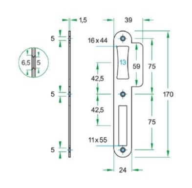 Sluitplaat korte lip 39 mm tonrolslot rvs