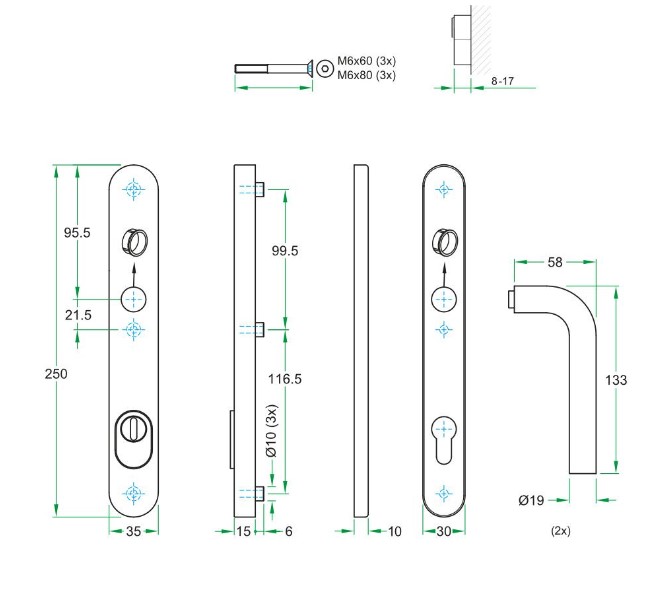 SKG3 PC92 kruk L op ovaal smal schild PRIO + kerntrekbeveiliging RVS