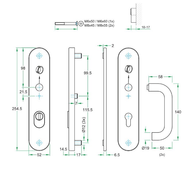 SKG3 PC72 kruk U op ovaal schild TOP + kerntrekbeveiliging RVS