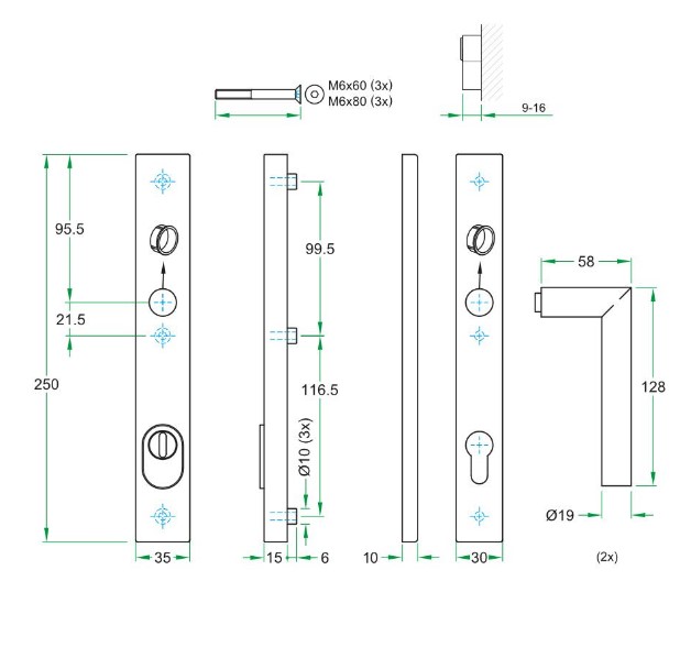 SKG3 PC92 kruk T op rechthoekig smal schild PRIO + kerntrekbeveiliging RVS