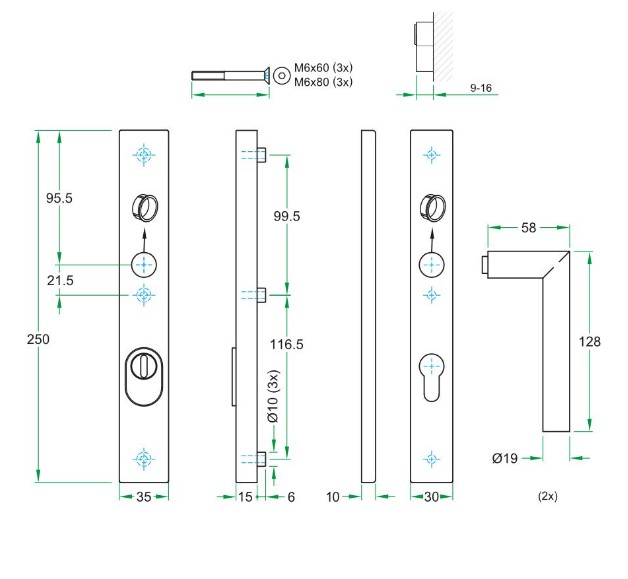 SKG3 PC72 kruk T op rechthoekig smal schild PRIO + kerntrekbeveiliging RVS