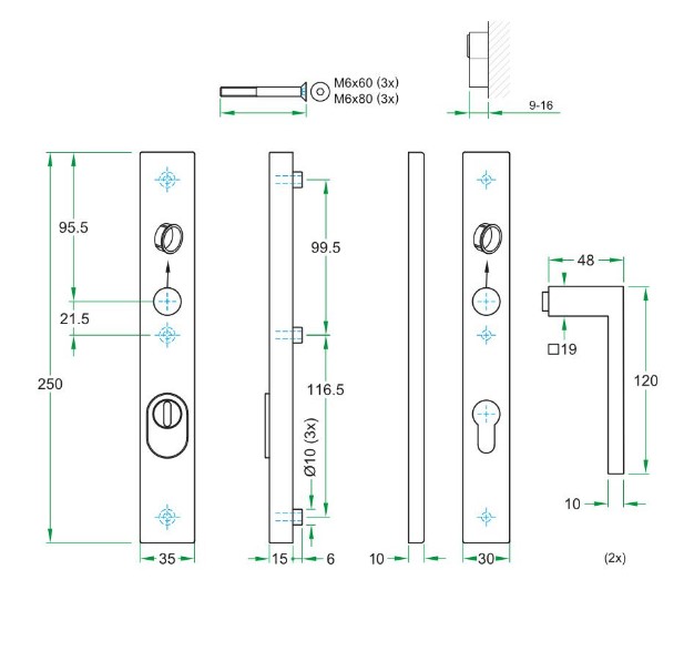SKG3 PC72 kruk Metro op rechthoekig smal schild PRIO + kerntrekbeveiliging RVS