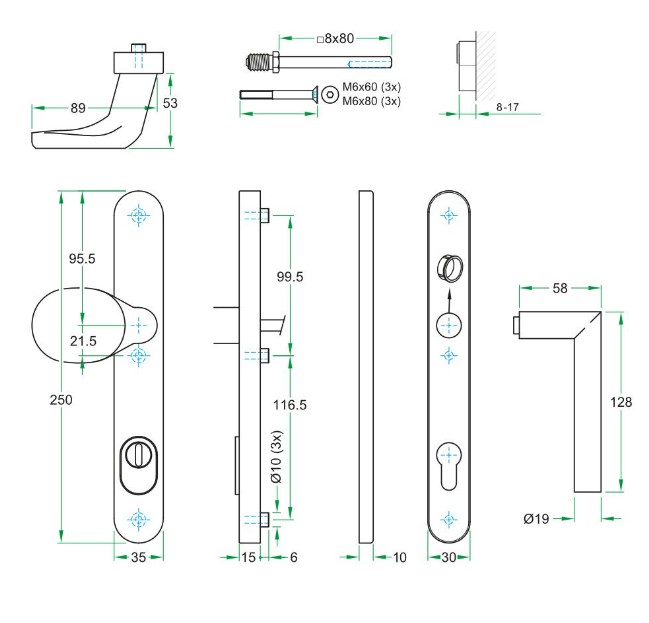 SKG3 PC92 knopkruk T op ovaal smal schild PRIO + kerntrekbeveiliging RVS
