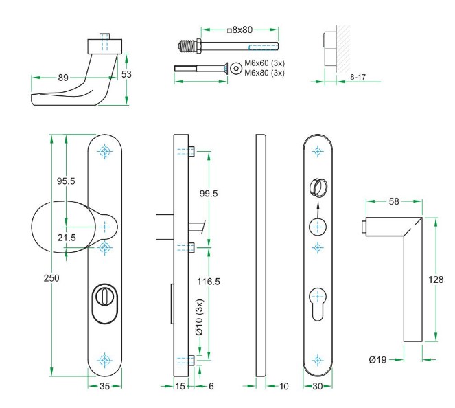 SKG3 PC72 knopkruk T op ovaal smal schild PRIO + kerntrekbeveiliging RVS