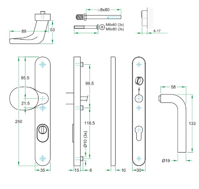SKG3 PC72 knopkruk L op ovaal smal schild PRIO + kerntrekbeveiliging RVS